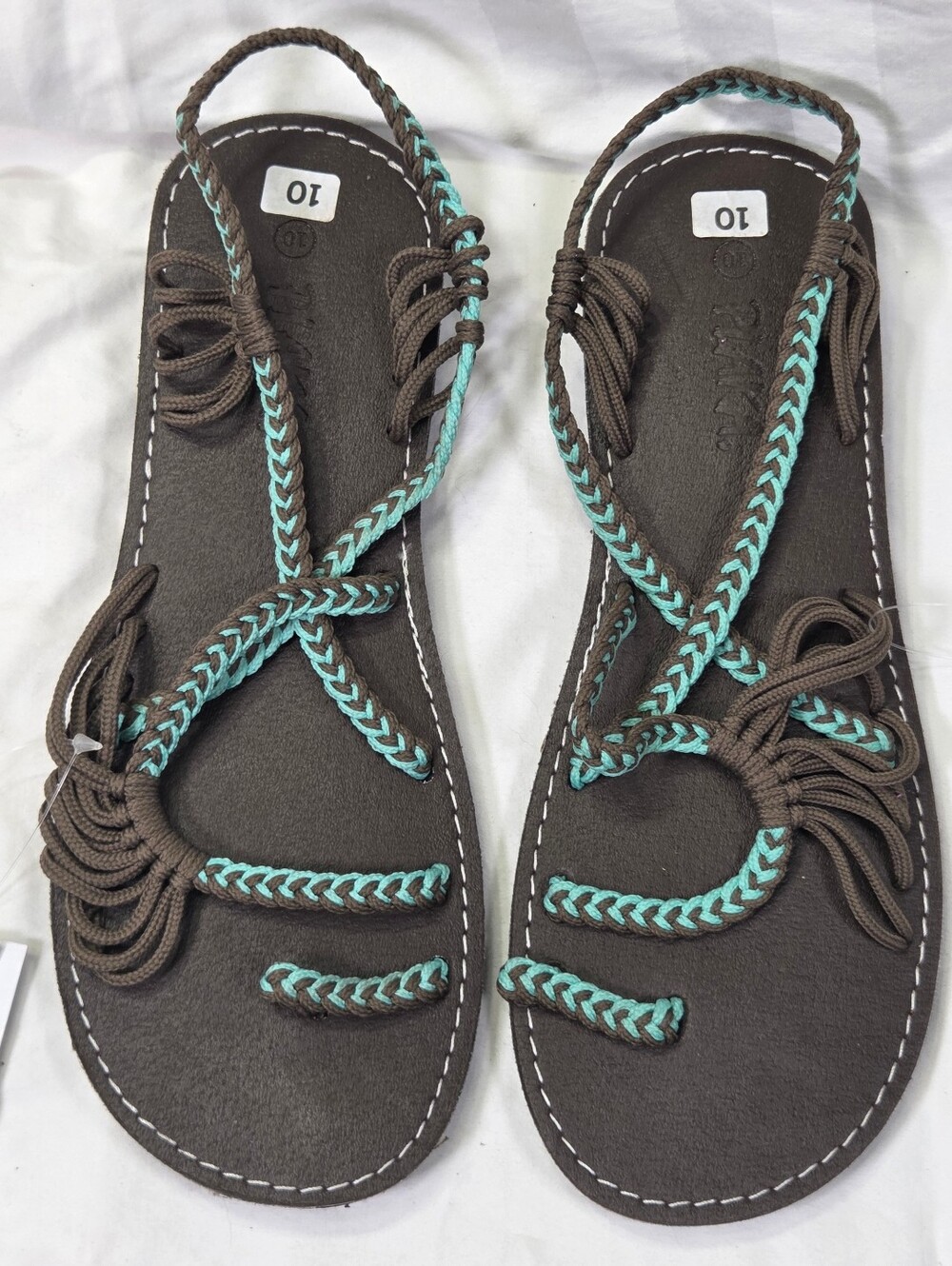 NEW Plaka Palm Leaf  Flat Rope Sandals Womens 10 Turquoise Gray Brown Braided - Picture 9 of 9